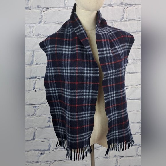 Burberry Vintage Scarf Navy Check 100% Lambswool England 90s Y2K 60" x 11" - Picture 12 of 13